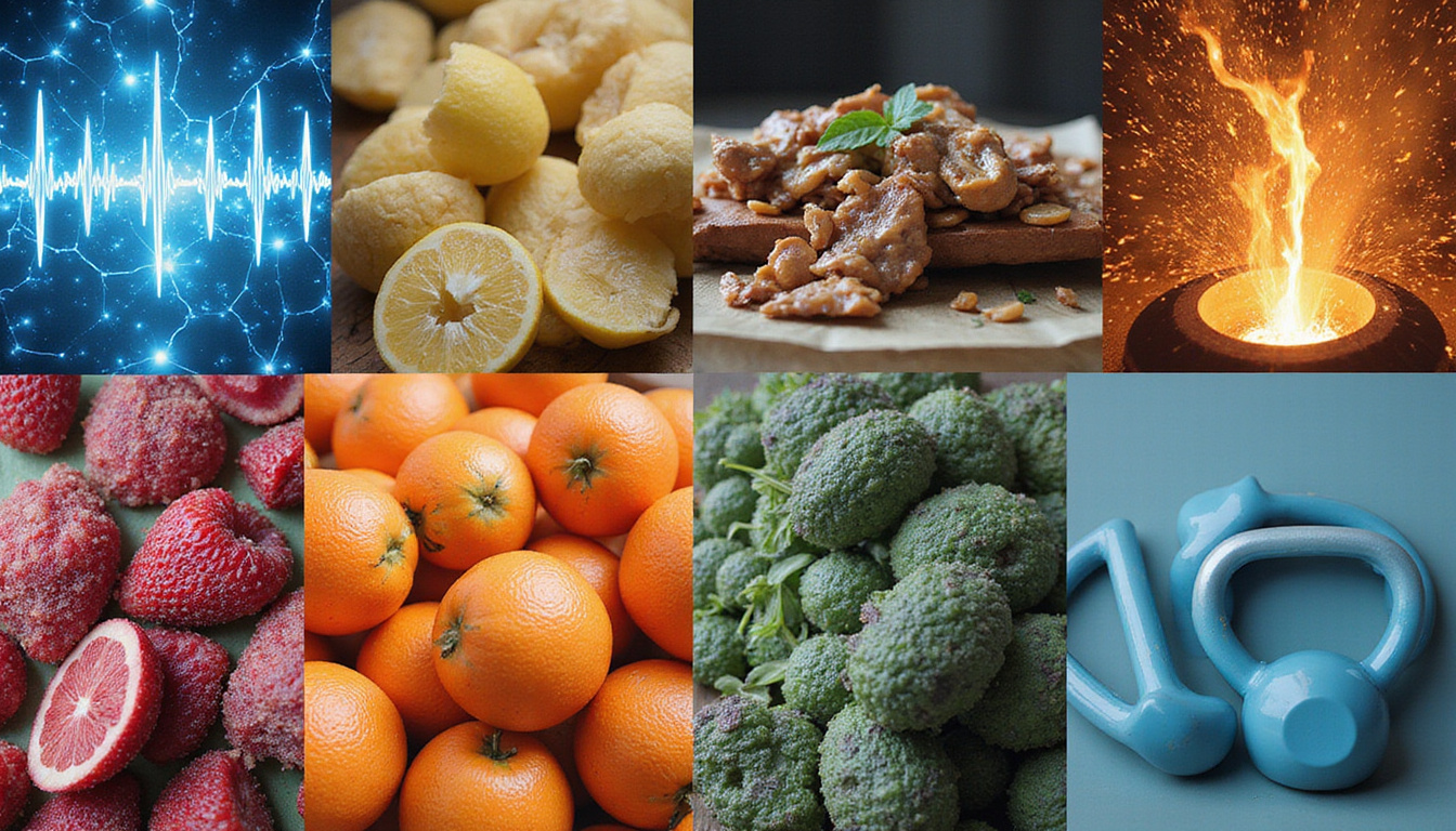  Scientific collage: mitochondria, sleeping brain waves, whole foods, kettlebell, before-and-after belly transformation