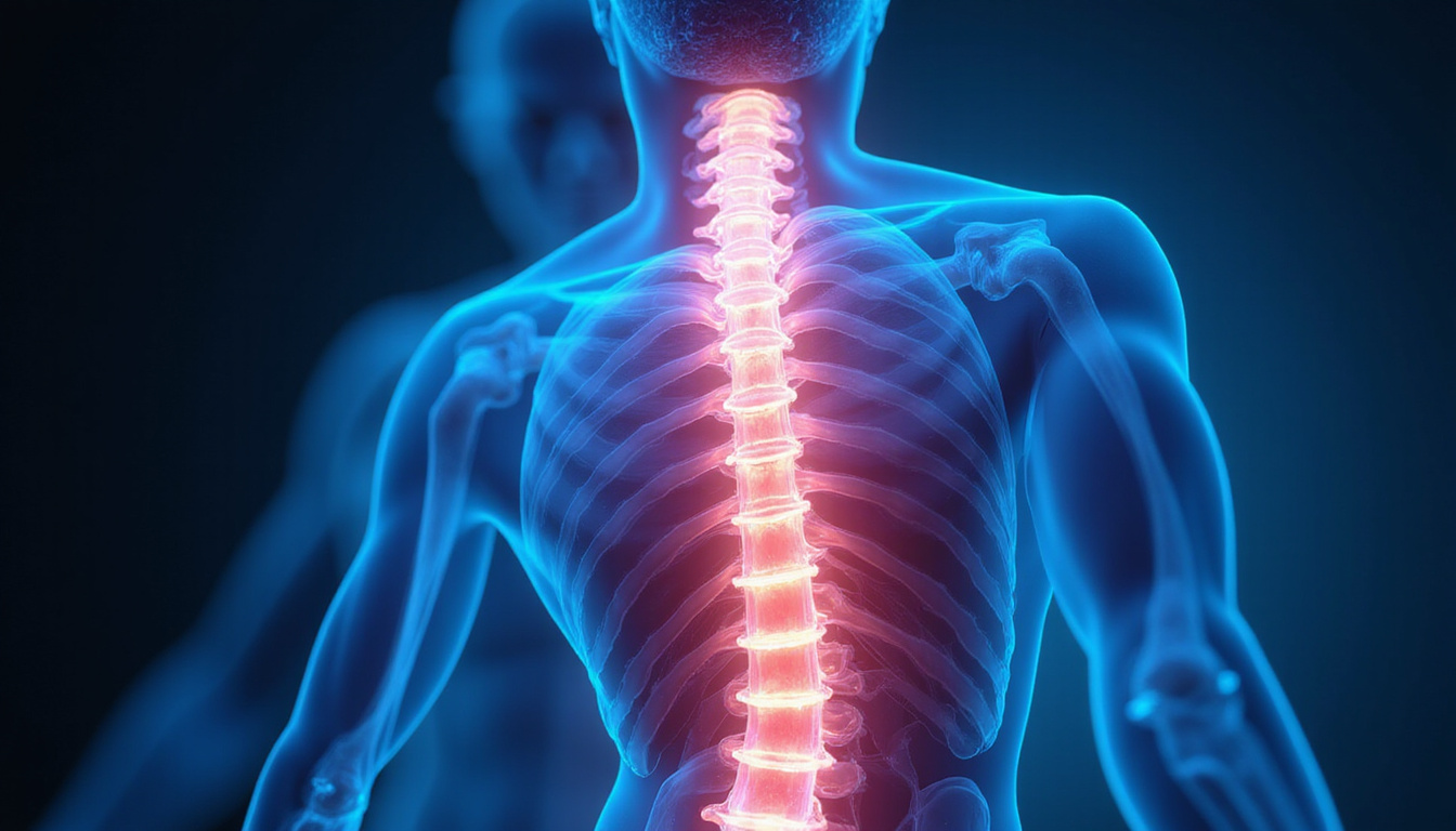  Close-up anatomical glowing spine overlay showing muscles activating during simple daily movements, soothing blue tones