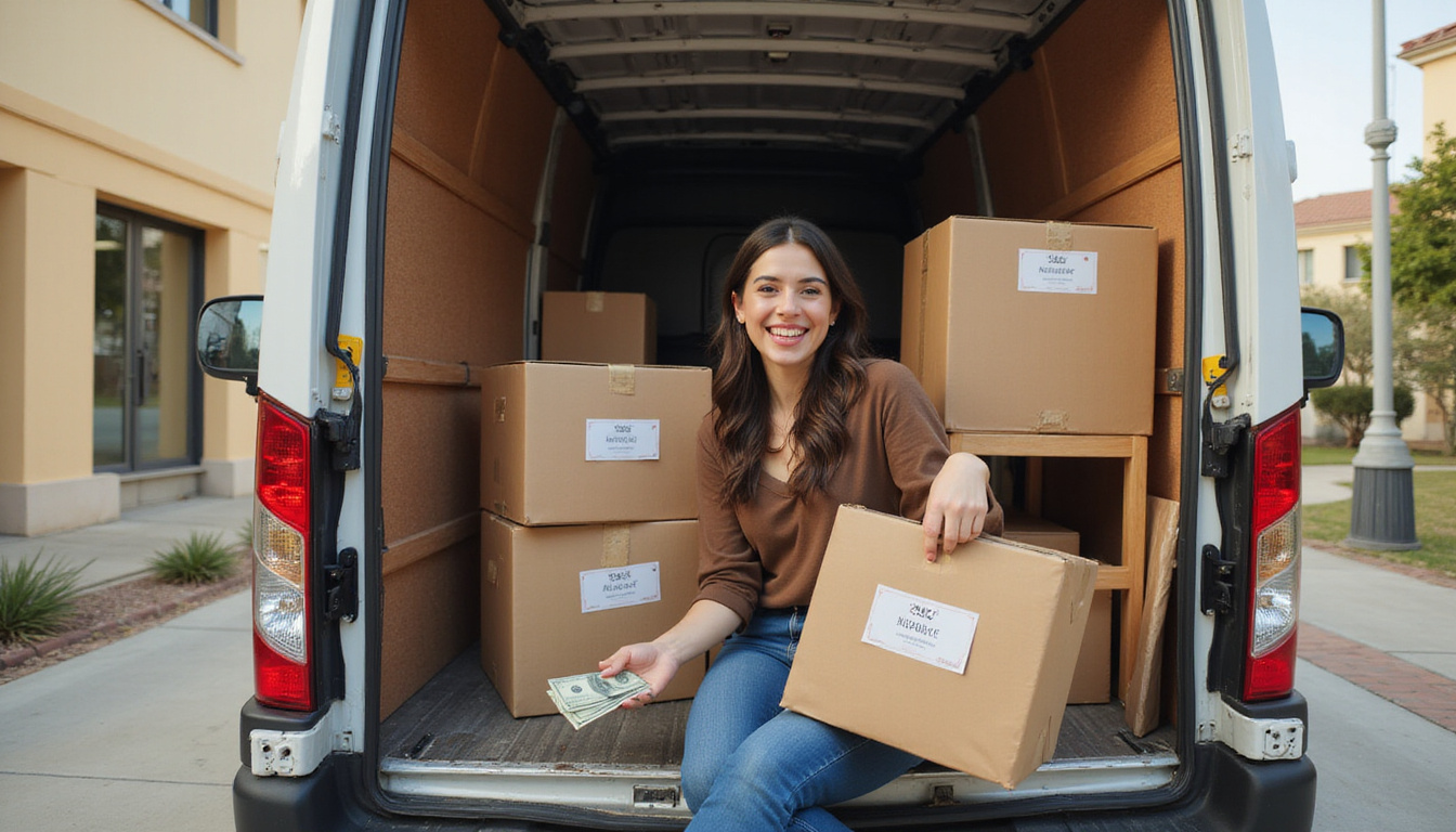  moving van loaded with vintage furniture and labeled boxes, happy homeowner handing cash