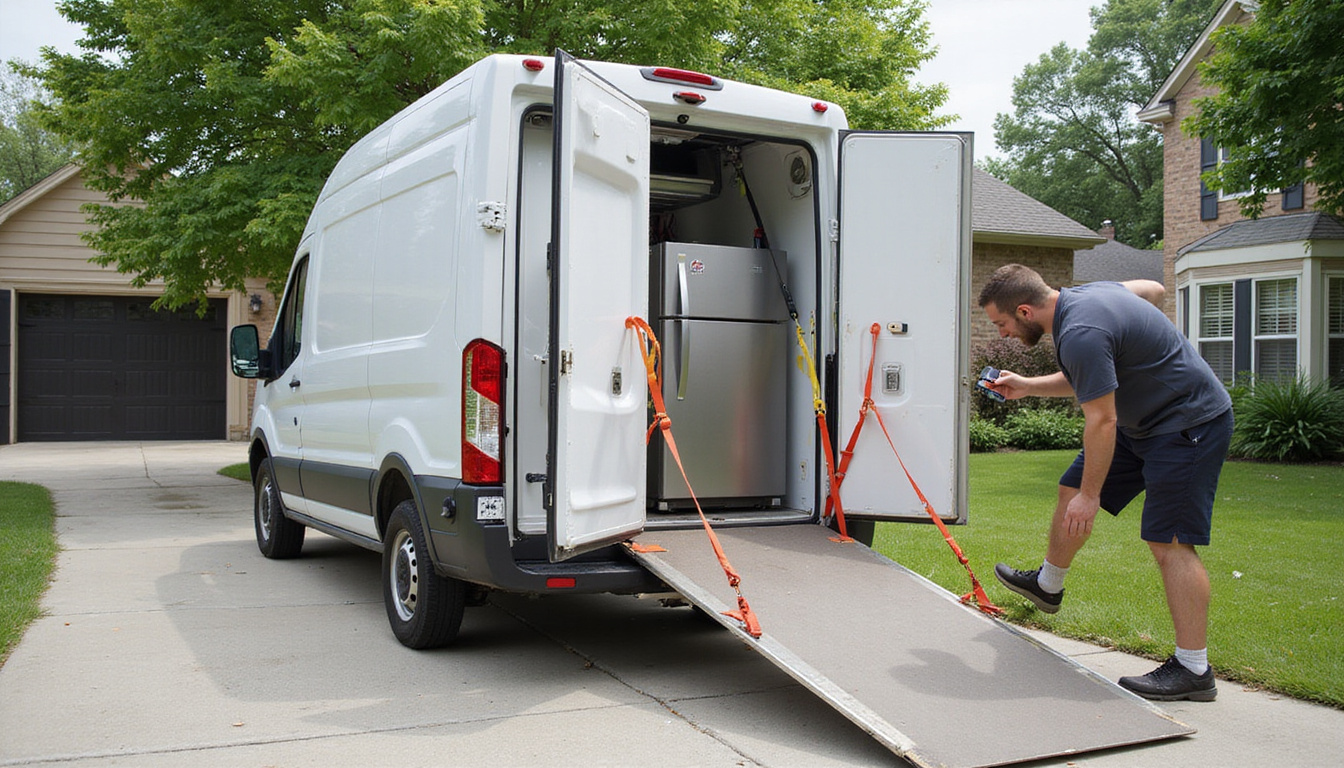  Couple using ramp and heavy-duty straps to maneuver refrigerator, budget checklist, tidy suburban driveway