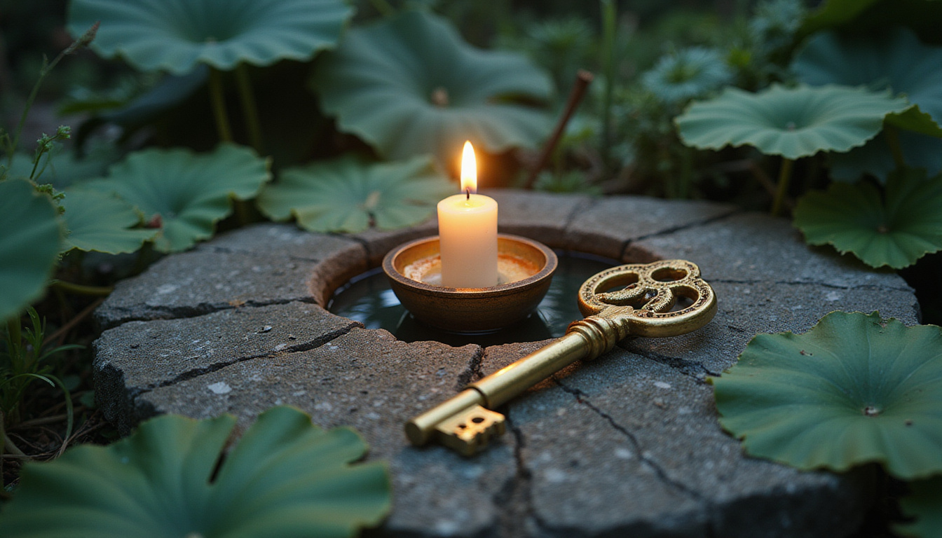  Hidden brass key unlocking a tranquil chamber with eternal candle and lotus pond