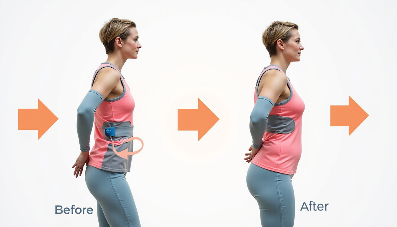  Physical therapist demonstrating daily back pain routine, arrows indicating motion, before-and-after posture comparison