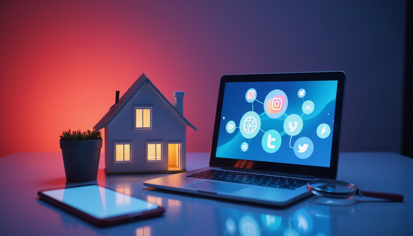  Spotlighted modern house on smartphone and laptop screens, social icons, magnifying glass, vibrant colors