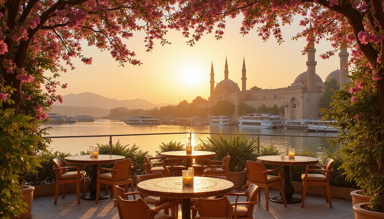  Luxor terrace dining, mosaic tables, jasmine-scented breeze, minarets and riverboats on golden Nile