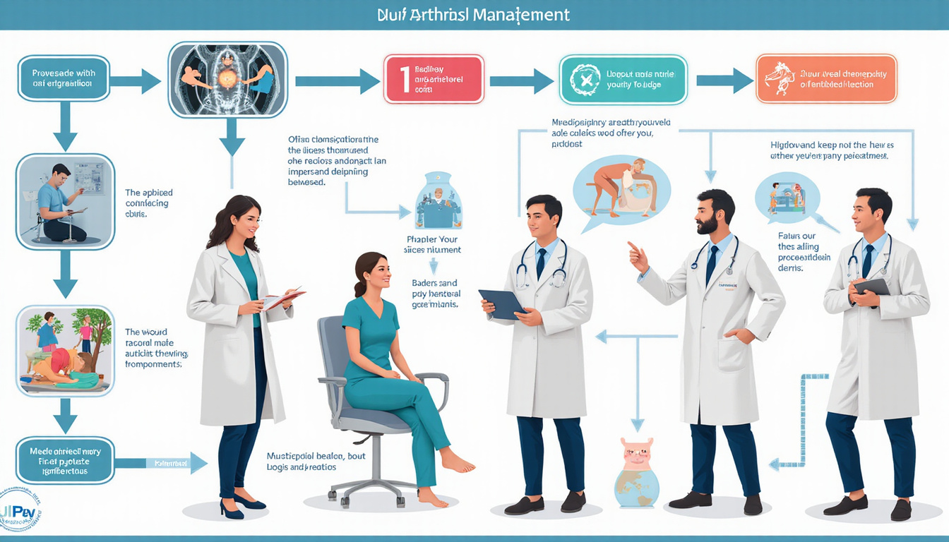  Multidisciplinary clinicians reviewing osteoarthritis management flowchart, patient silhouette, MRI, lifestyle icons, hopeful atmosphere