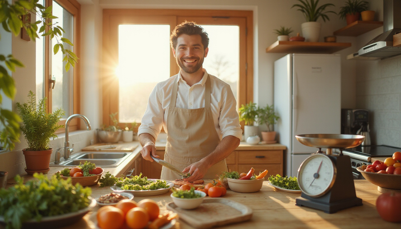  Sunlit kitchen scene, joyful man prepping colorful meals, scales showing calm progress, confident smile