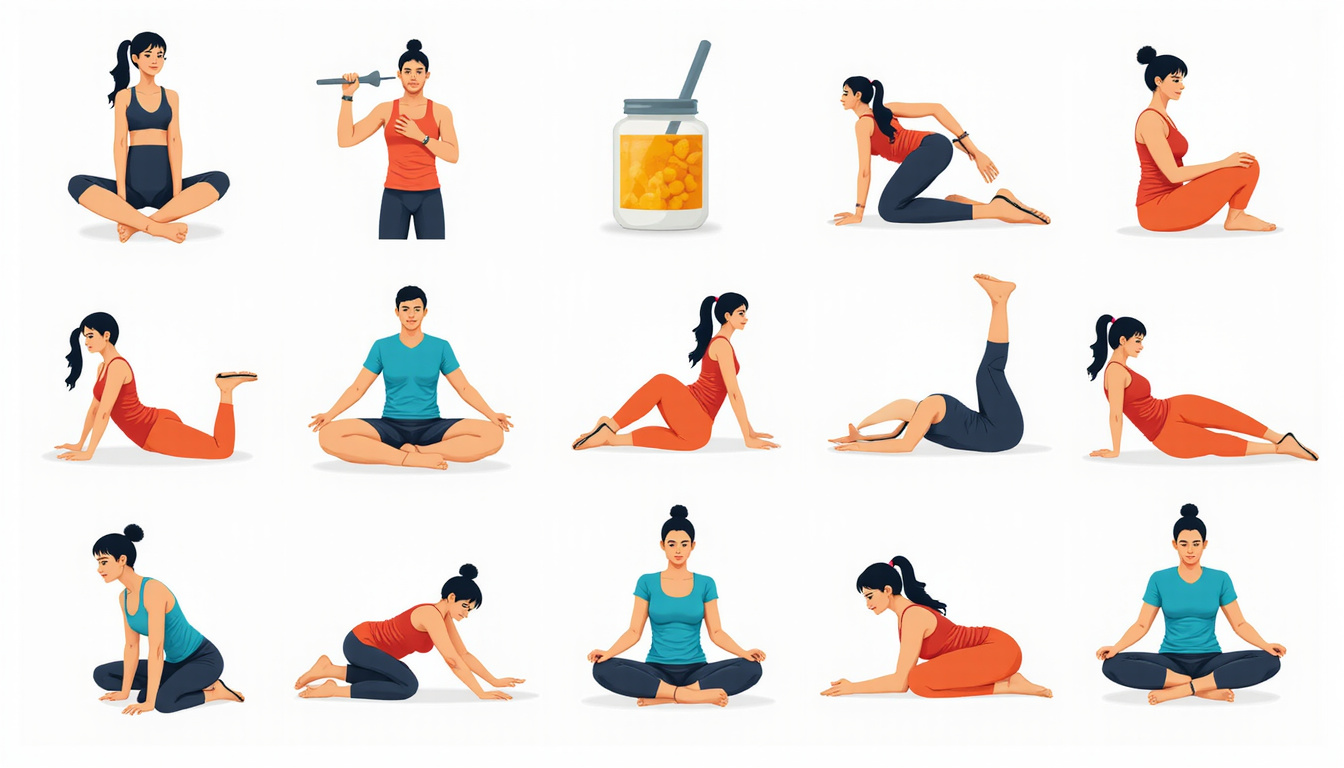  Vibrant flat-lay of ten wellness icons: exercise, acupuncture, supplements, massage, sleep, meditation, stretching