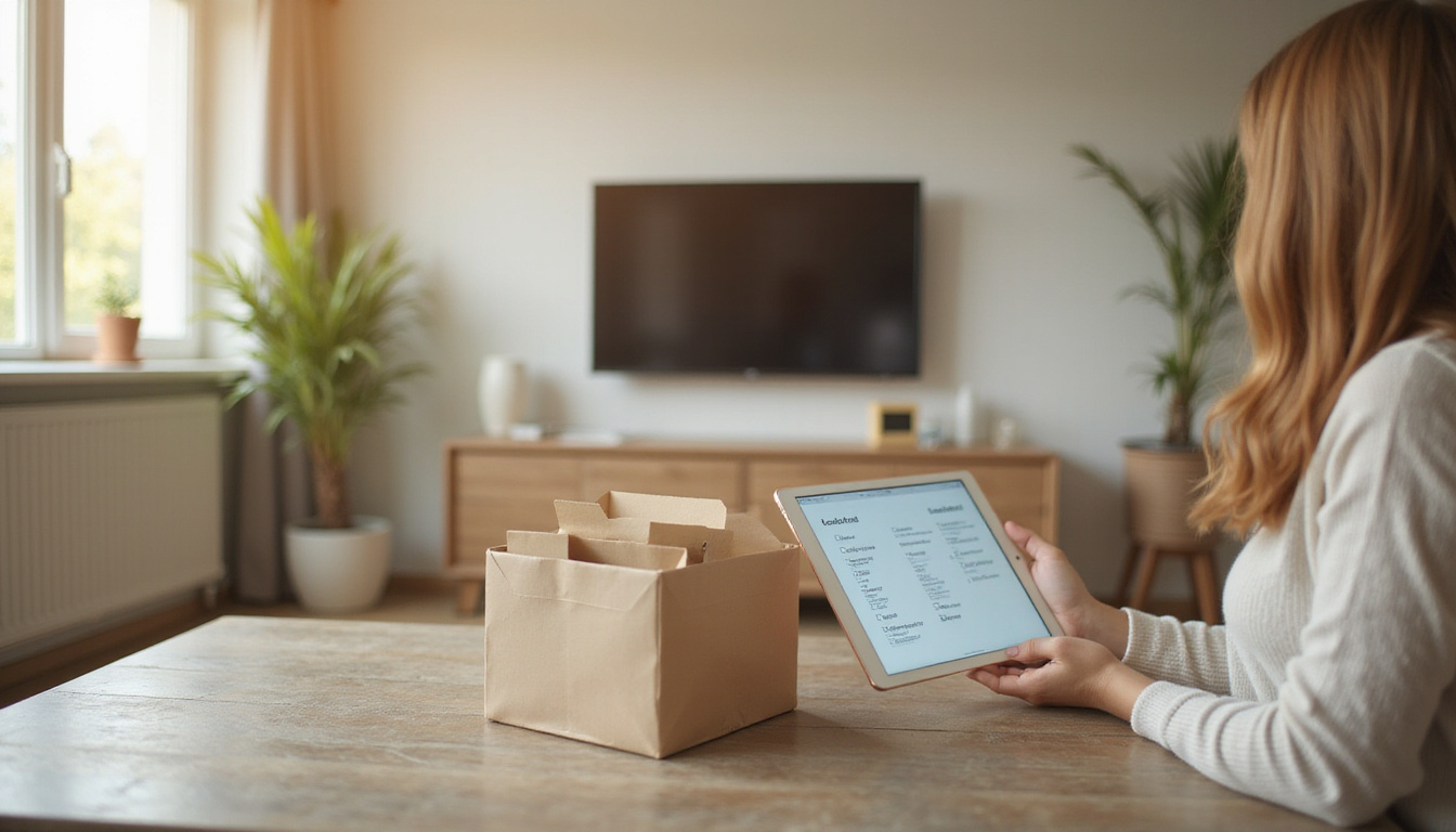  Minimalist senior apartment, neat boxes, checklist on tablet, family helping, warm natural light