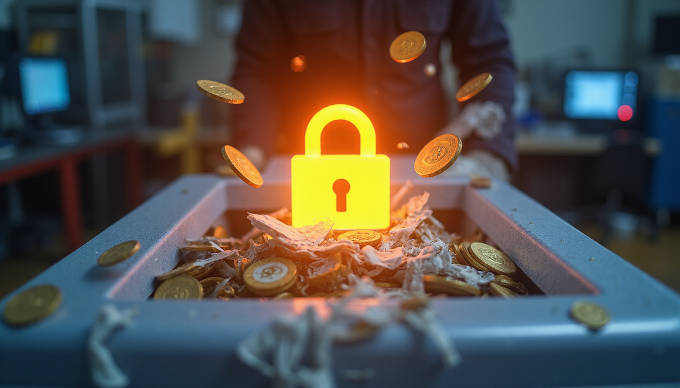  Close-up industrial shredder devouring documents, glowing lock icon, dollar coins falling, compliance checkmarks