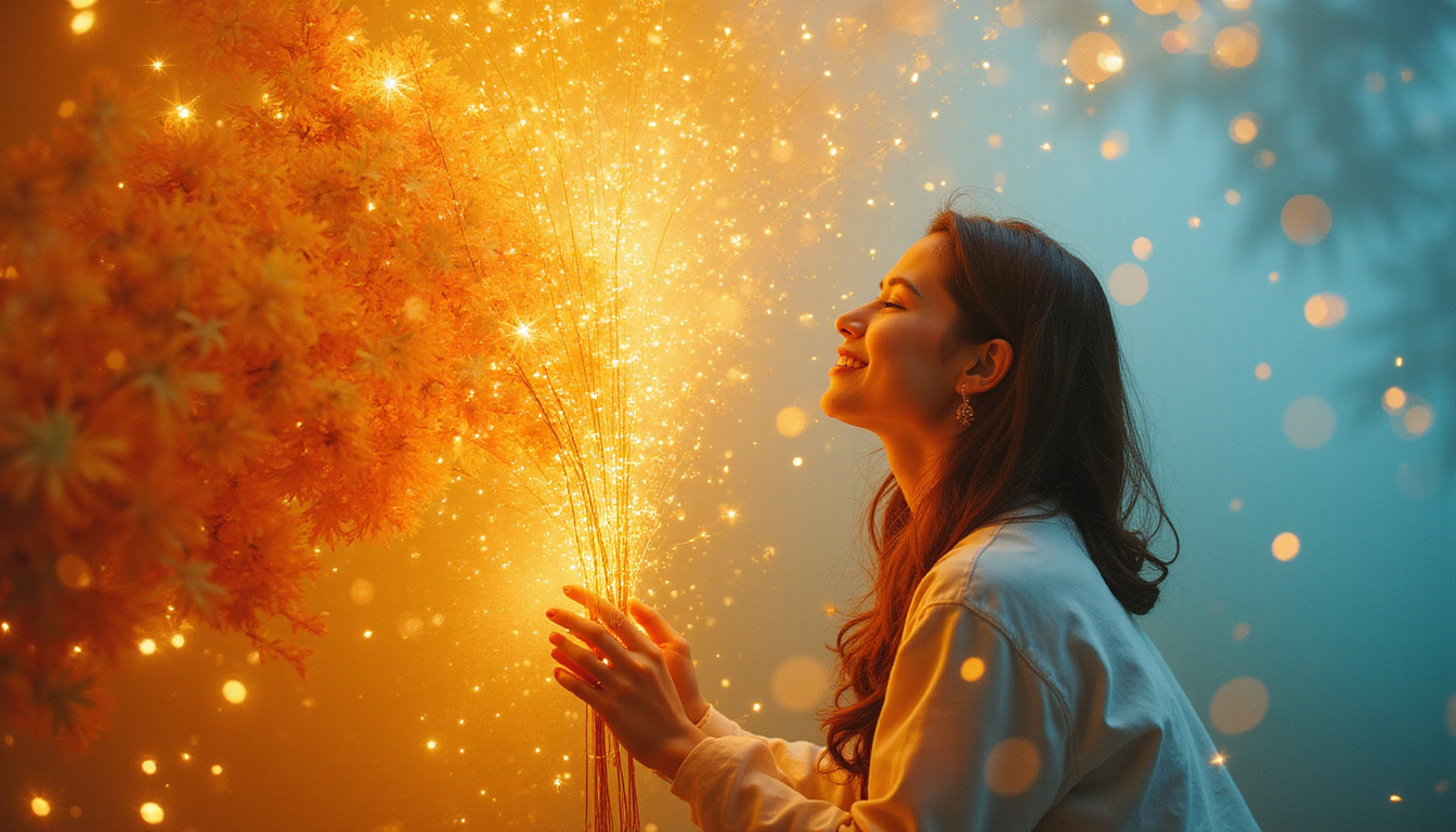  Joyful person weaving golden threads of light into a compass of blooming ideas