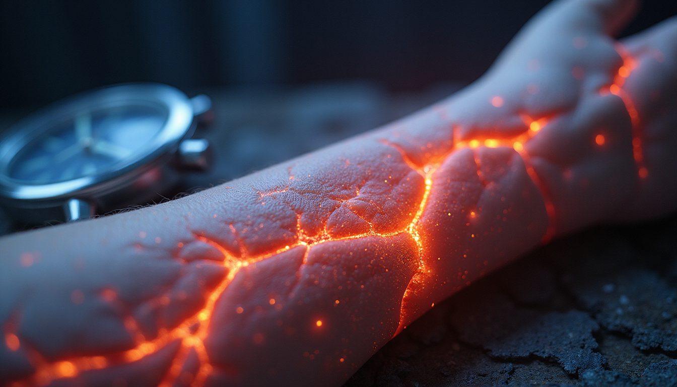  Close-up torn tendon healing, glowing regenerative fibers, stopwatch, court background, vibrant medical realism