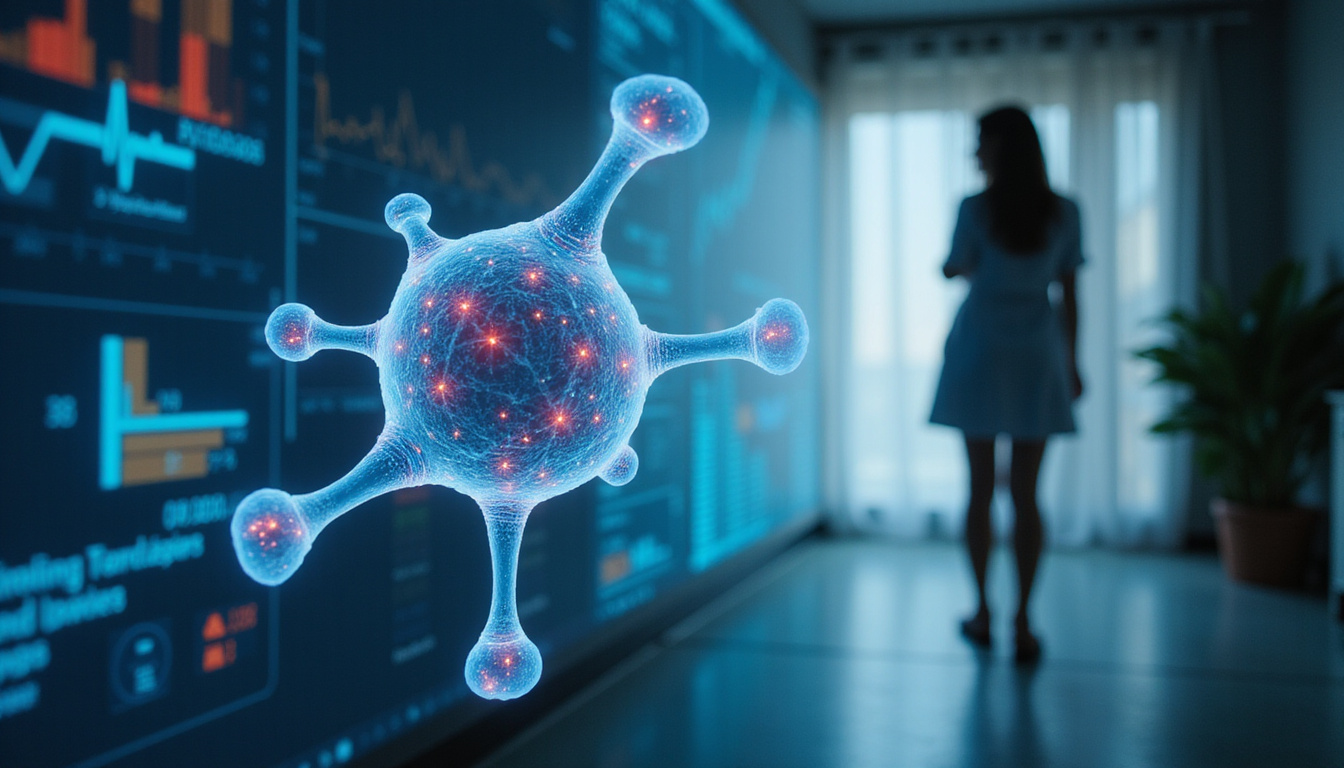  Close-up of hormone molecule glowing over open medical chart, concerned doctor and thoughtful woman silhouette