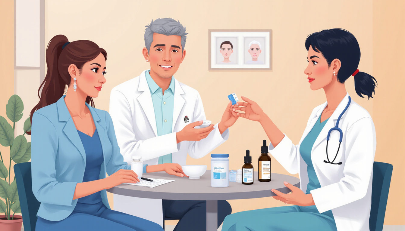  Dermatologist consultation scene, topical steroid application, serum bottles and gentle hair restoration plan, calm clinic