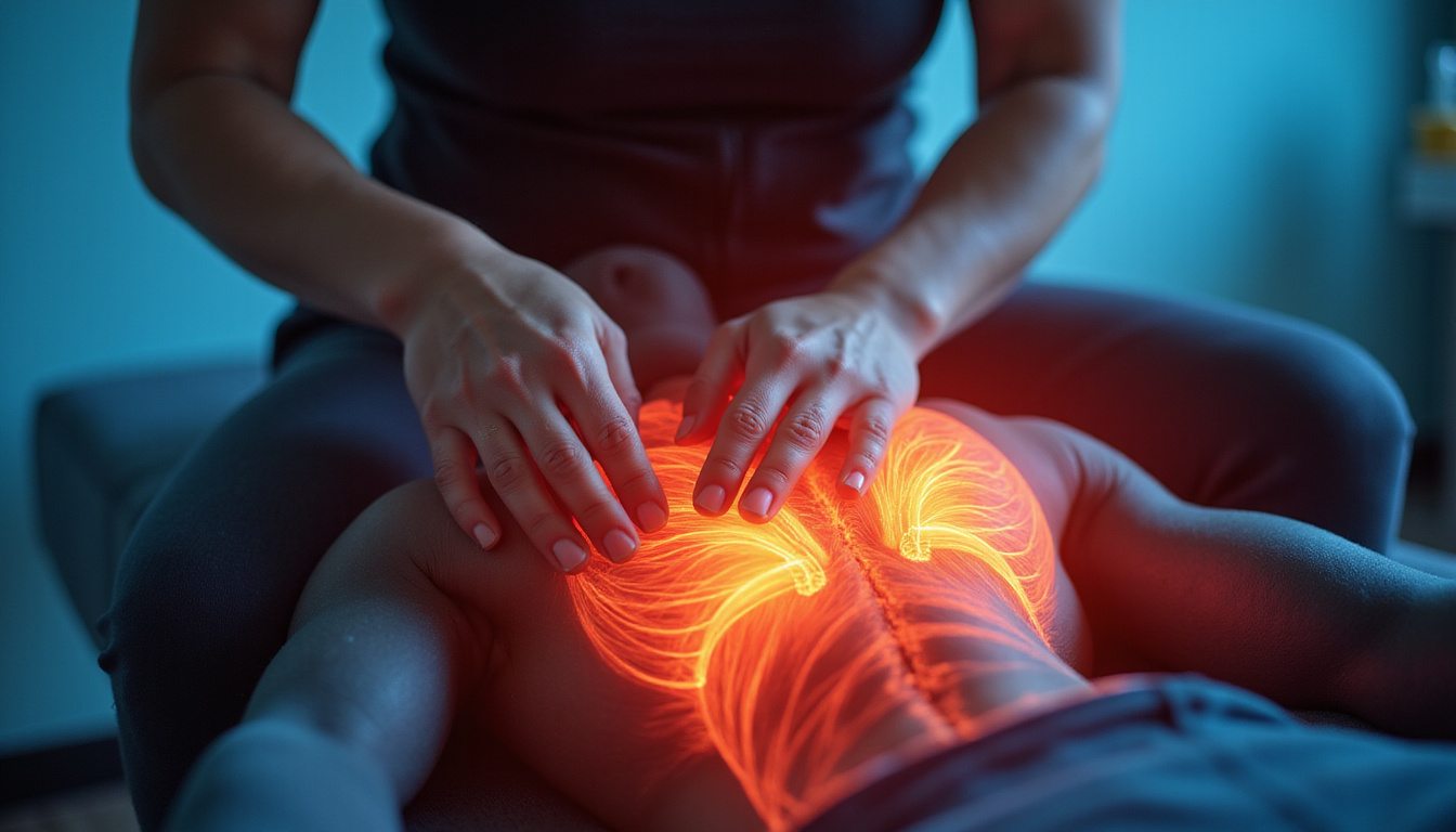  Close-up of hands applying gentle isometric resistance, glowing anatomical muscle overlay, patient relaxed