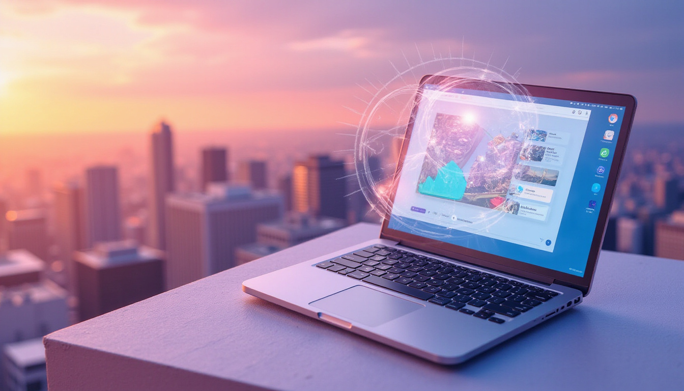  Isometric laptop showcasing property listings overlay, magnifying glass search icon, vibrant city skyline backdrop
