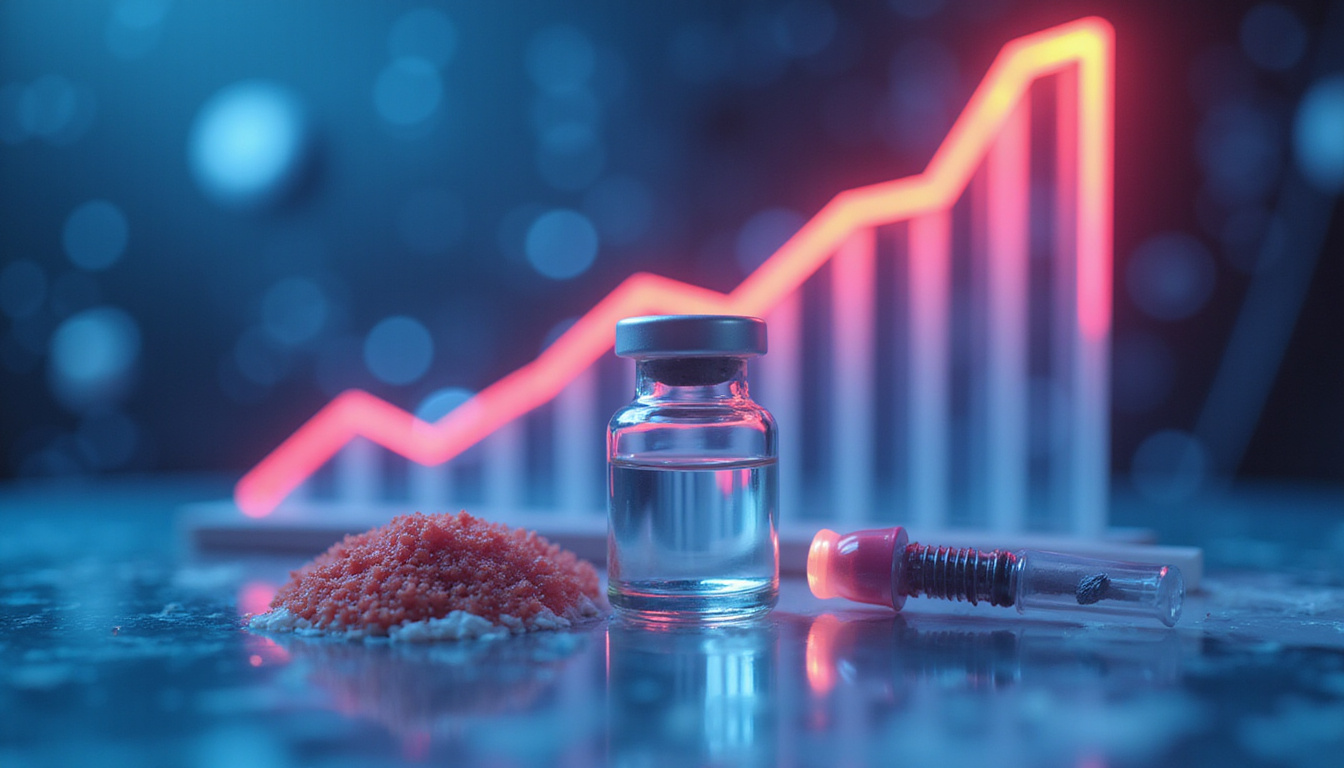  High-tech market visualization: vials, implantable devices, rising sales graph, clinicians celebrating breakthrough