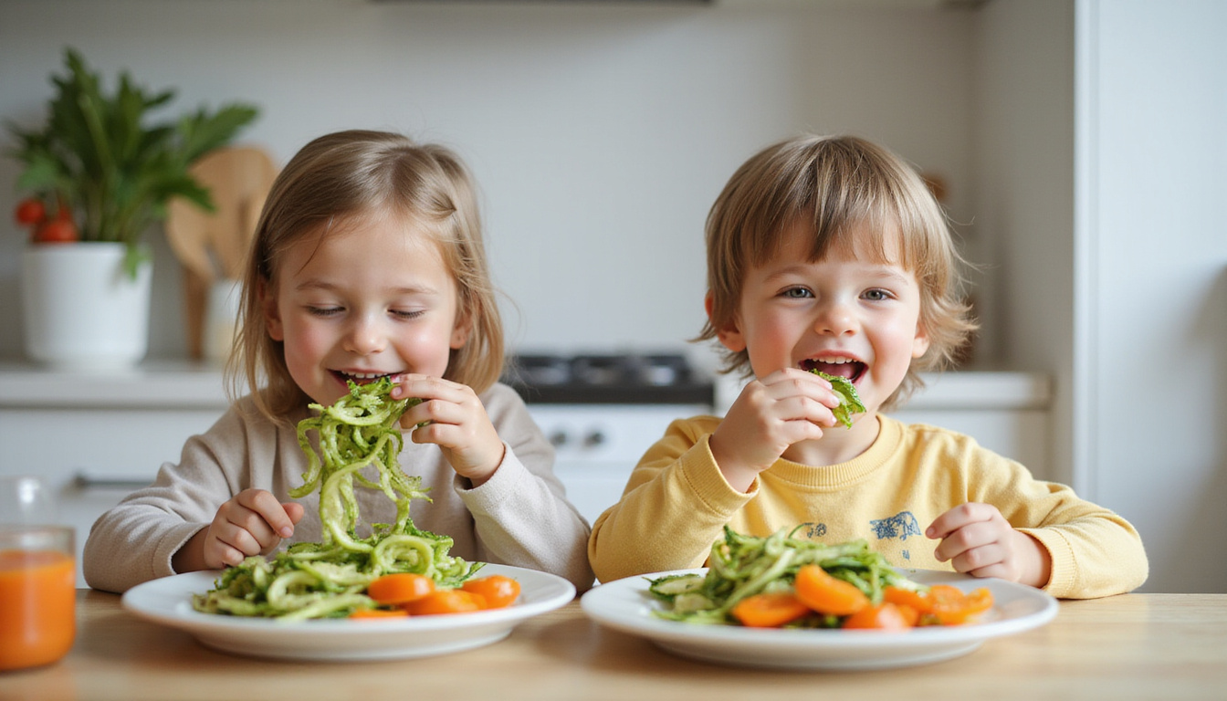  Bright kitchen, playful vegetable shapes on plates, happy picky children devouring zucchini noodles