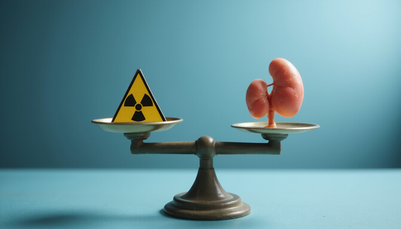  Balanced scales weighing radiation hazard icon and healthy organs, soft clinical light, clear educational style