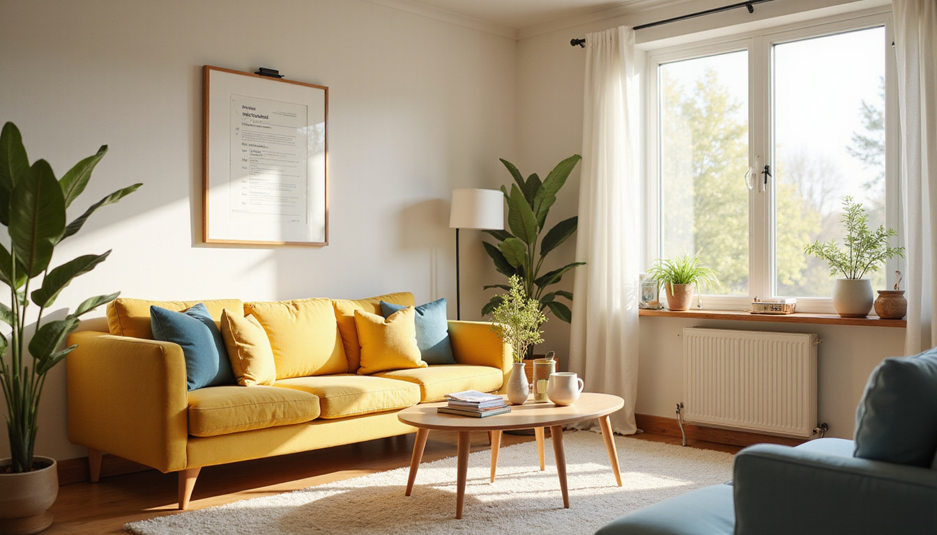  Calm, restored living room bathed in sunlight, checklist clipboard, certification plaque, relieved homeowner