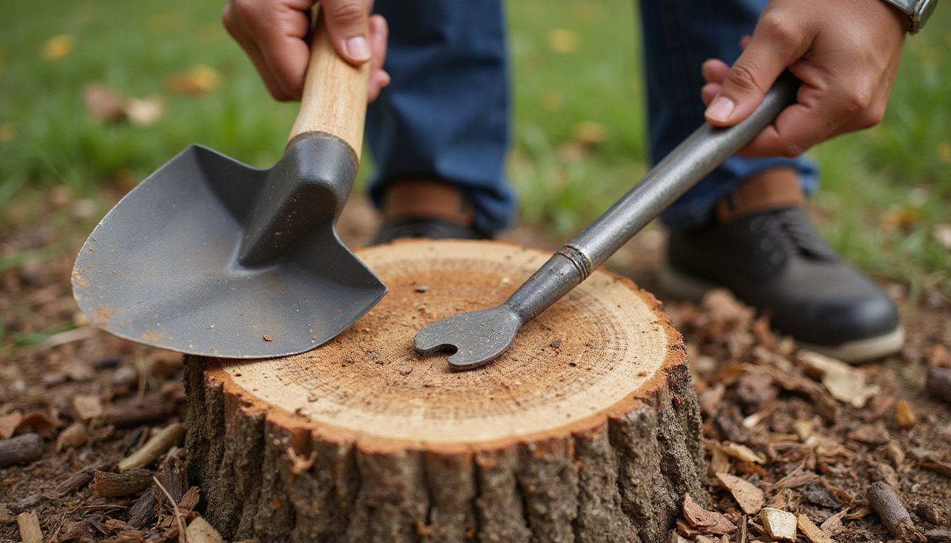  Close-up hands using pry bar and shovel on tree stump, mulch pile, budget-friendly vibe