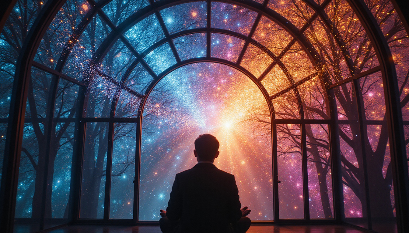  Circuitry synapses morphing into stained glass, cosmic aura, MRI patterns overlaying prayerful silhouette