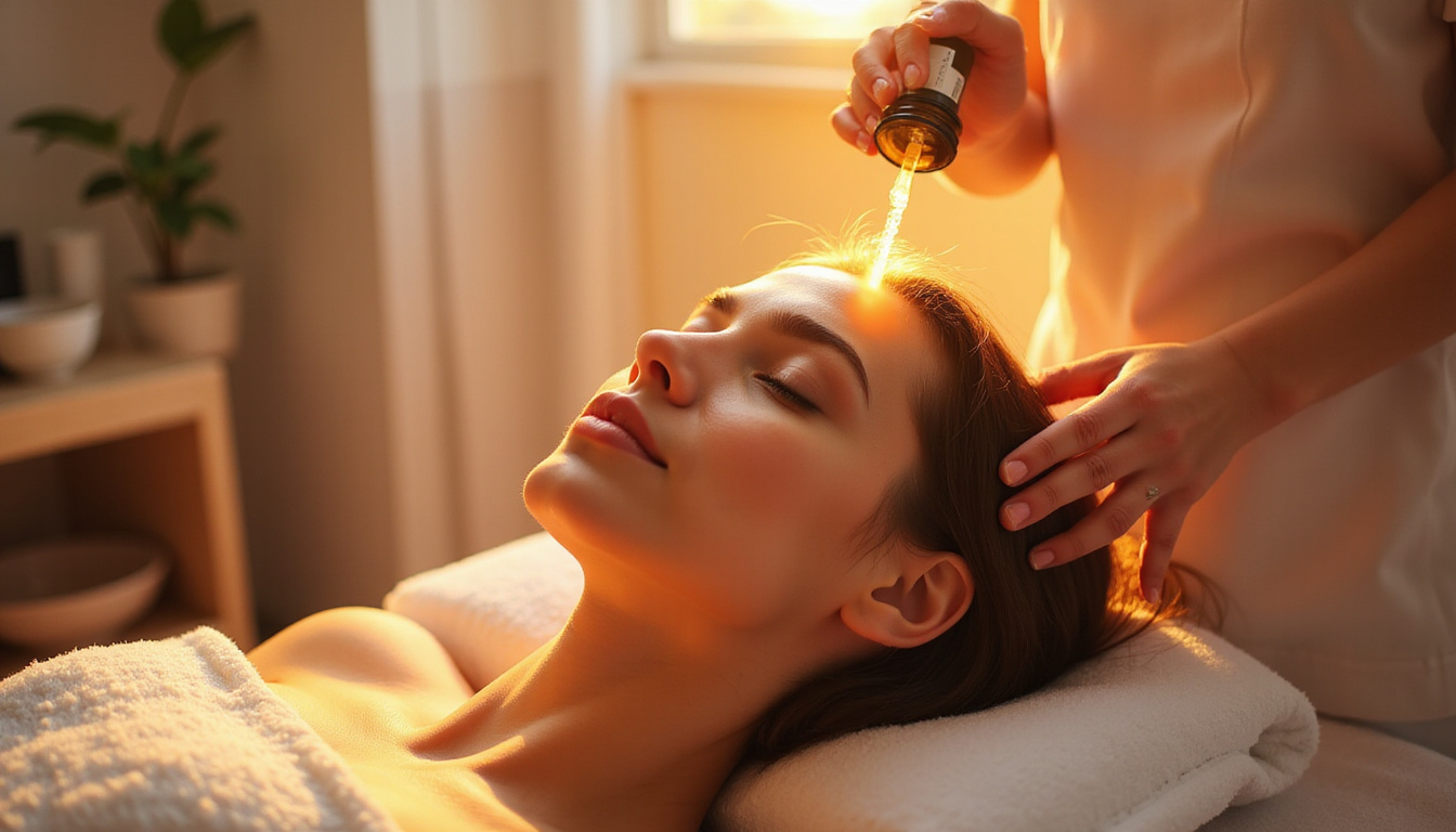  Restorative treatment scene: scalp massage, topical serum, microscopic follicles regenerating, warm healing tones