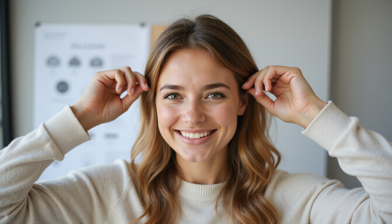  Confident smiling person running fingers through thickened hair, before-and-after diagnostic chart, warm natural light