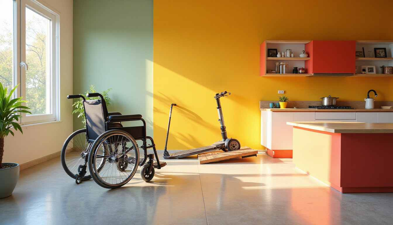  Vibrant home interior displaying wheelchair, mobility scooter, cane, ramps, adaptive kitchen, warm light