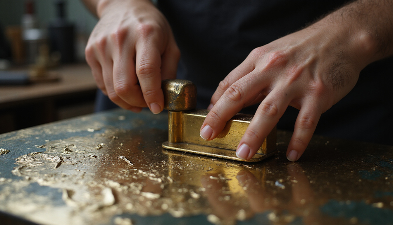  Artisan hands pressing brass stylus, vintage press, metallic foil highlights, shadowed studio atmosphere