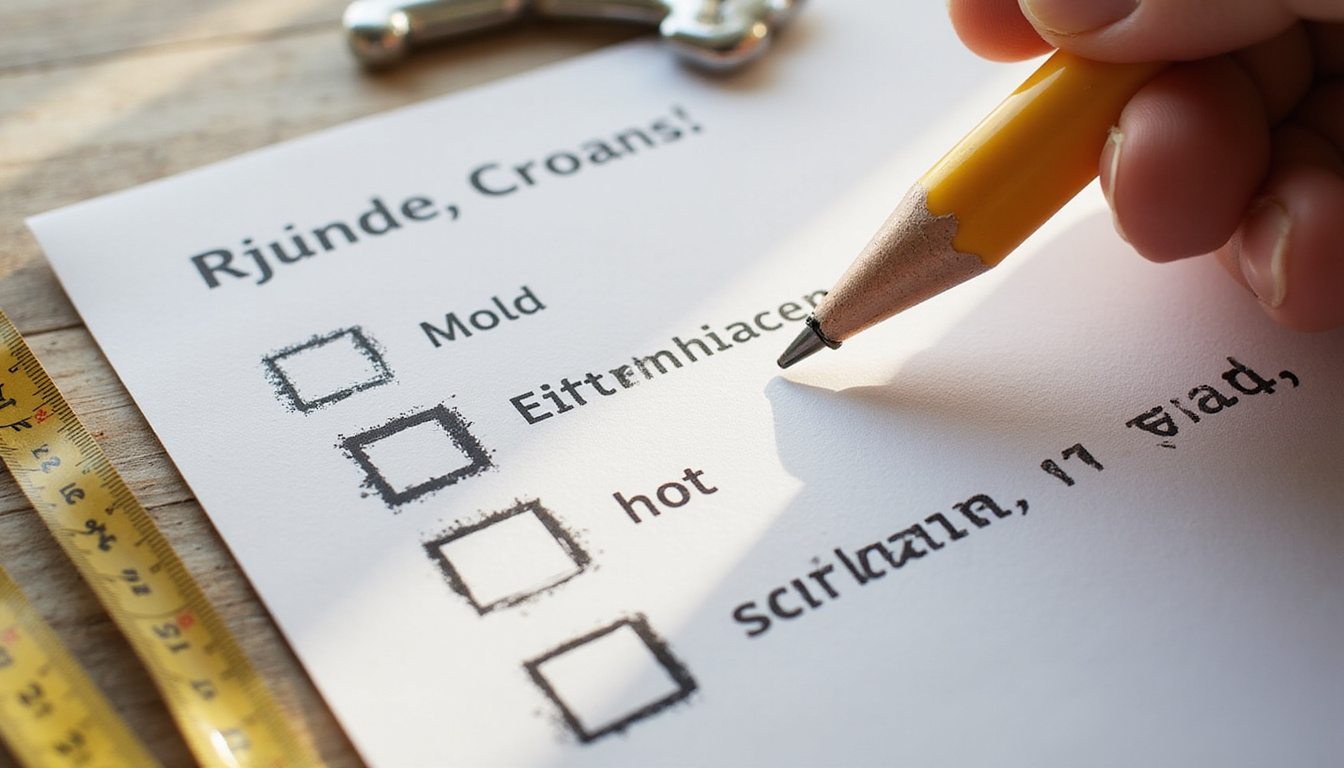  Close-up of checklist items: mold, faulty wiring, water damage, measurements, sunlight streaming