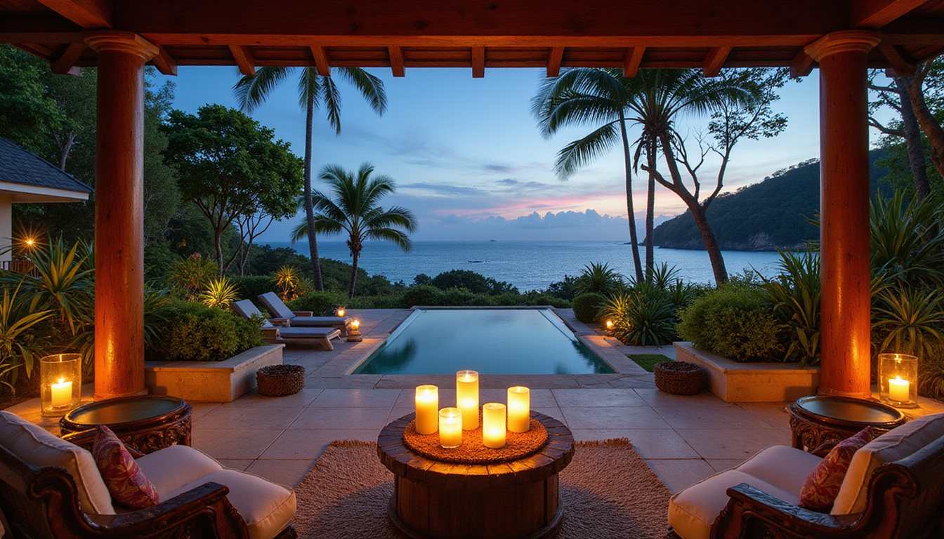  Secluded coastal villa boutique hotel with candlelit terrace, hand-carved furniture, tropical gardens, ocean view