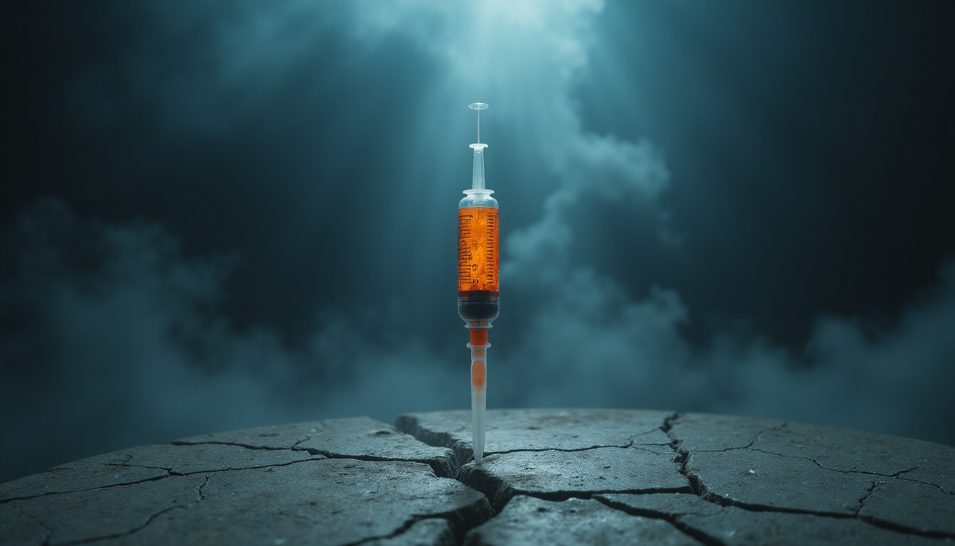  Dark sterile room syringe labeled unknown risk looming over cracked knee, ominous stormy shadows