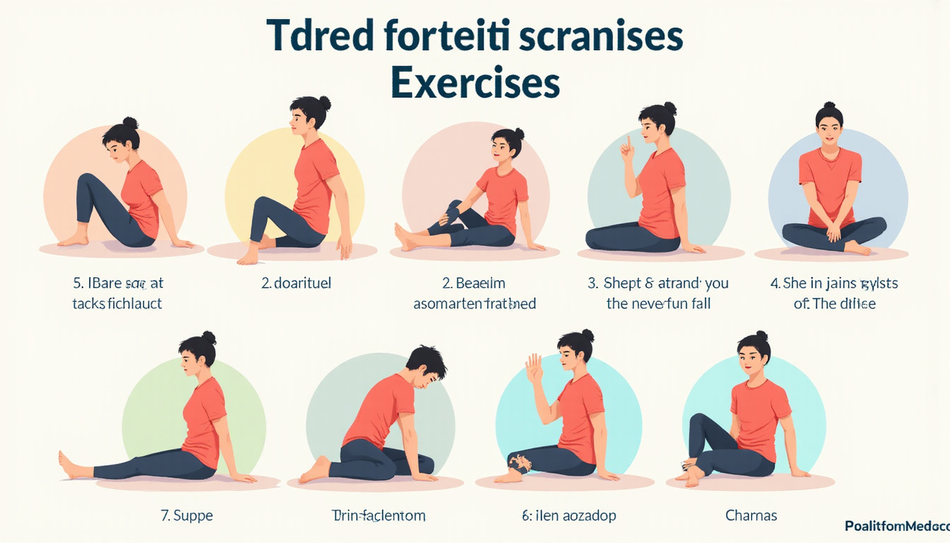  Infographic showing seven safe sciatica exercises with labeled steps, clean flat icons, pastel palette