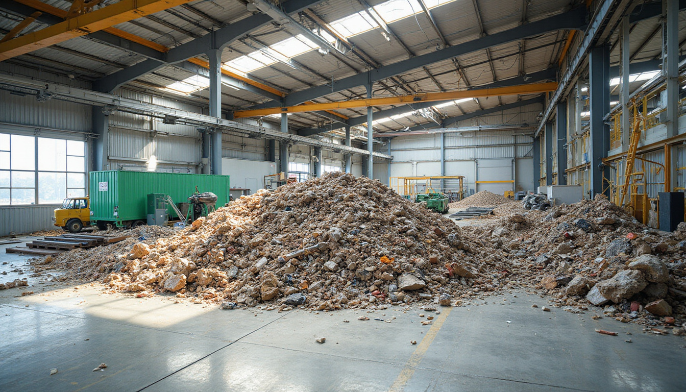  Modern recycling facility transforming debris into building materials, cost-saving graphs, solar panels