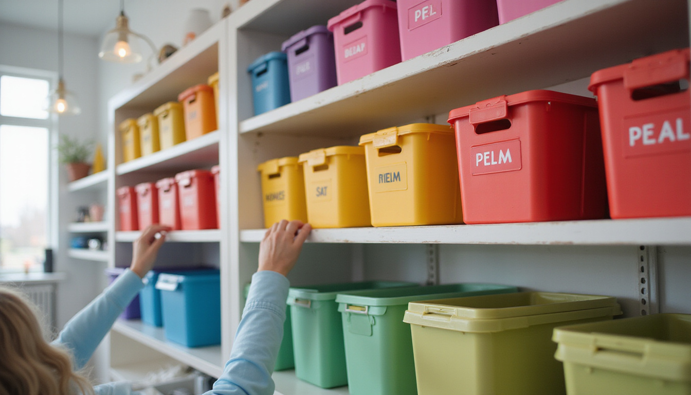  Fast-motion hands organizing shelves, labeled bins, viral TikTok overlay, upbeat colors, modern home