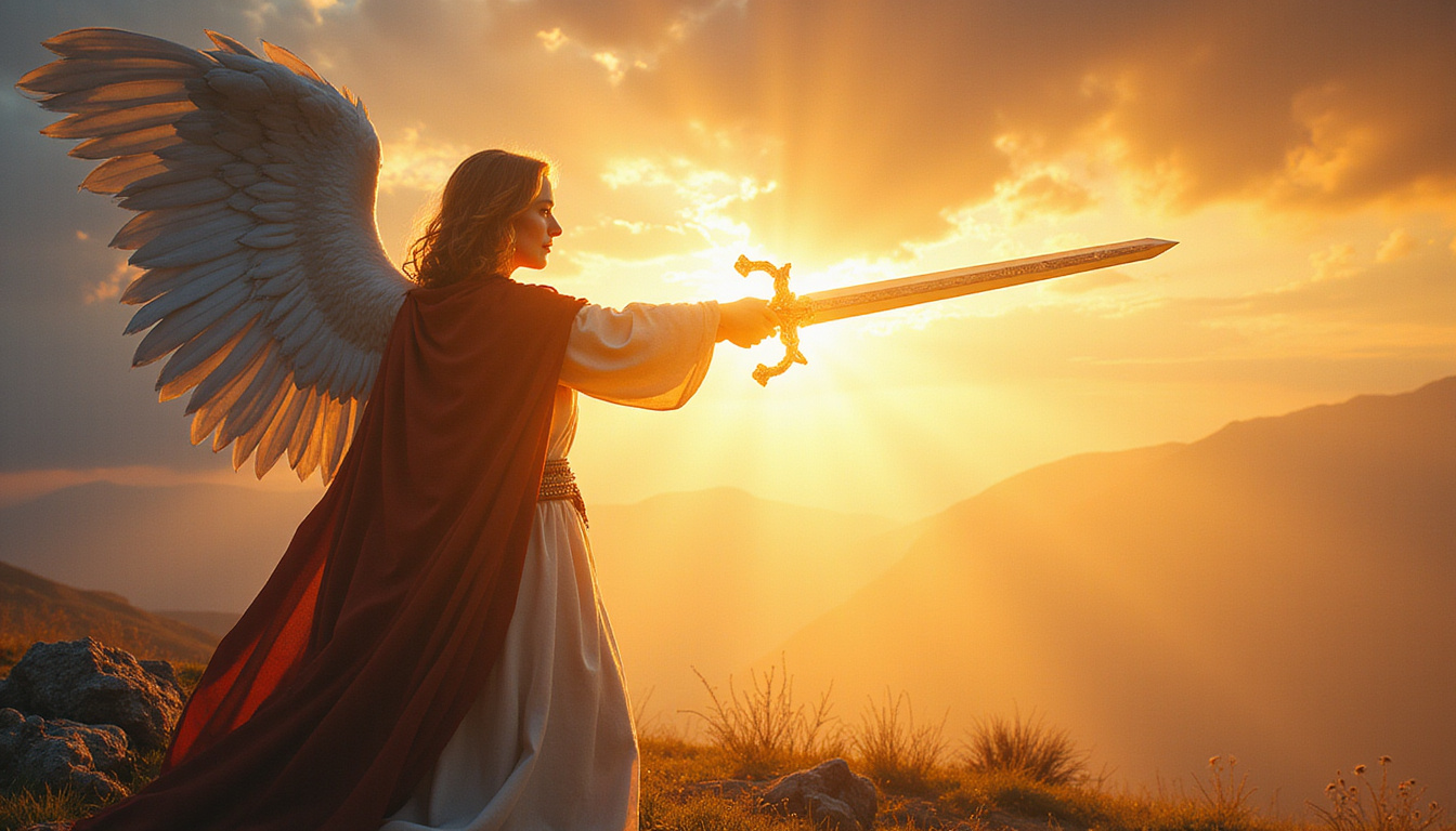 Angel-like guardian with outstretched sword of light shielding a prayerful figure from shadowy forces