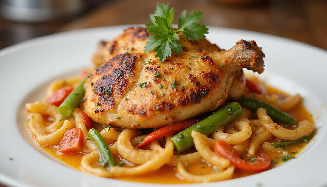  Close-up of gourmet chicken, creamy pasta, grilled vegetables, vibrant sauces, elegant restaurant plating