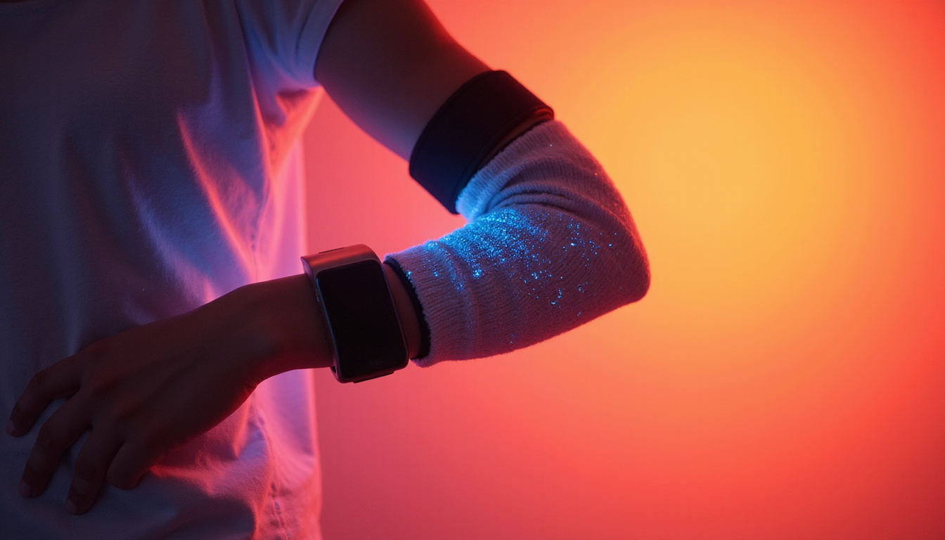  Close-up of smart wearable arm brace projecting holographic recovery metrics, warm hopeful atmosphere, hyperrealistic