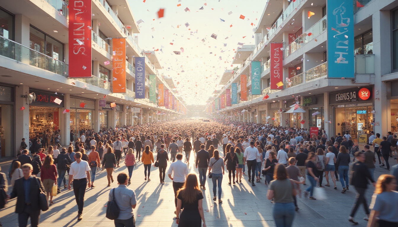  aerial view of crowded shopping district with rising sales graph and flying brochures confetti