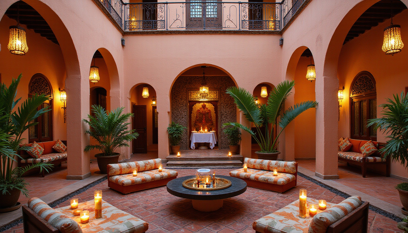  Courtyard riad-style hotel, handcrafted mashrabiya screens, terracotta tiles, local artisans, lantern-lit evening