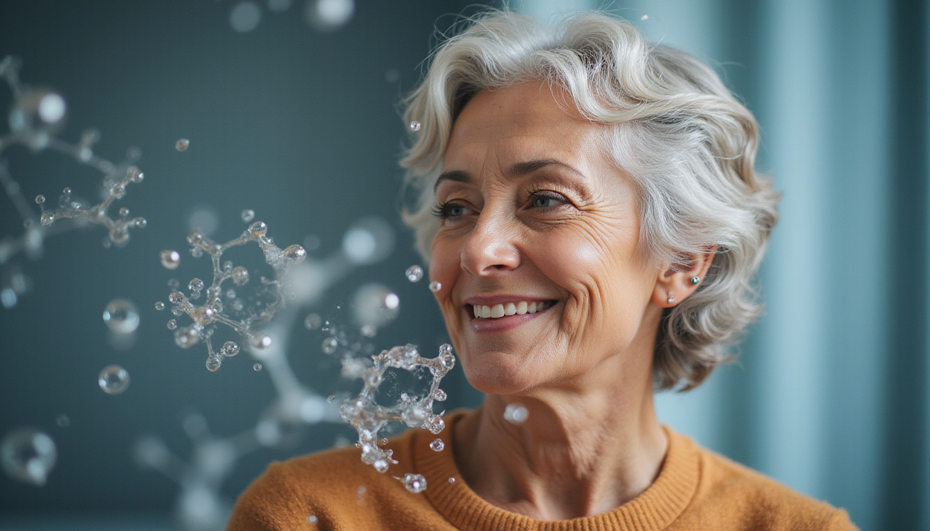  Elderly woman smiling, hydrating micro-droplets, avian feather motif, molecular hyaluronate helix overlay