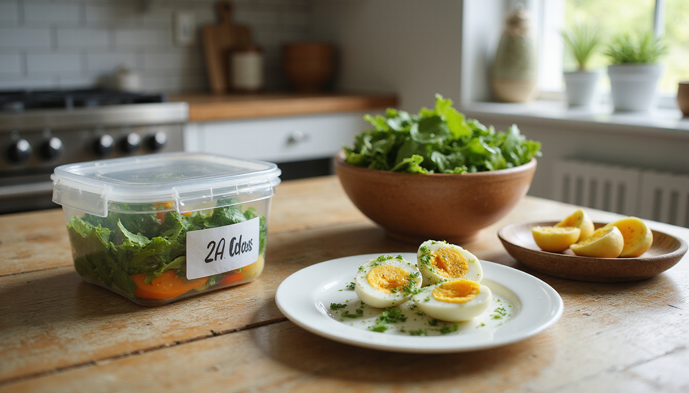  Bright rustic kitchen scene: meal-prep containers labeled 