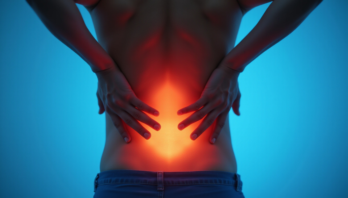  Close-up hands massaging lower back, glowing relief hotspot, minimalist clinical background, calming blues