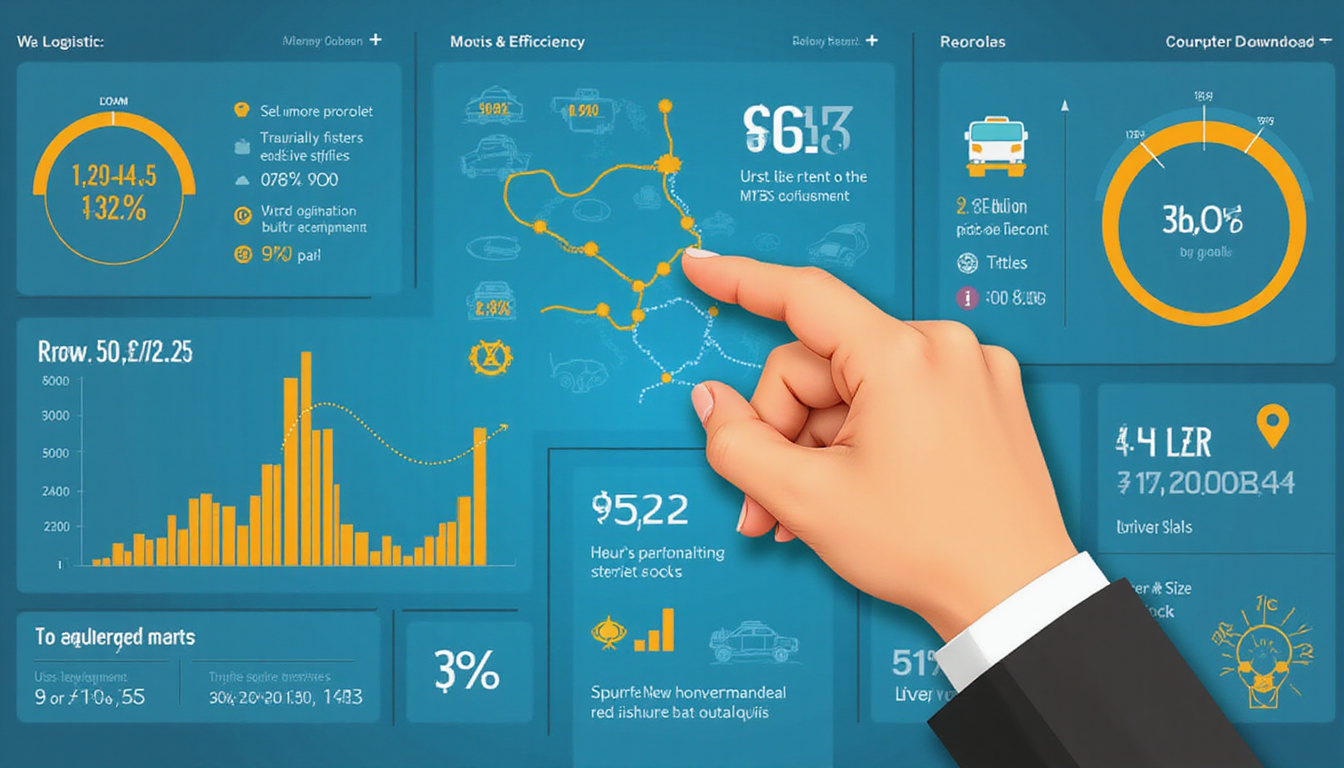  Infographic style composition: logistics dashboard, fuel efficiency charts, annotated highway routes, decisive hand pointing