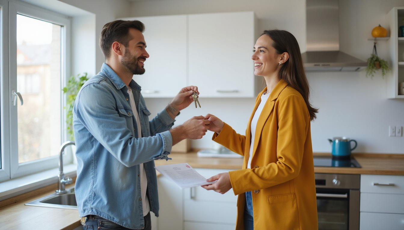  Happy tenant handing keys to landlord, spotless kitchen, deposit return document, celebratory relieved expression