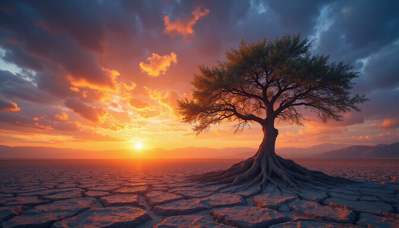  Resilient tree rooted in cracked earth, luminous neural pathways, phoenix sunrise, hopeful atmosphere