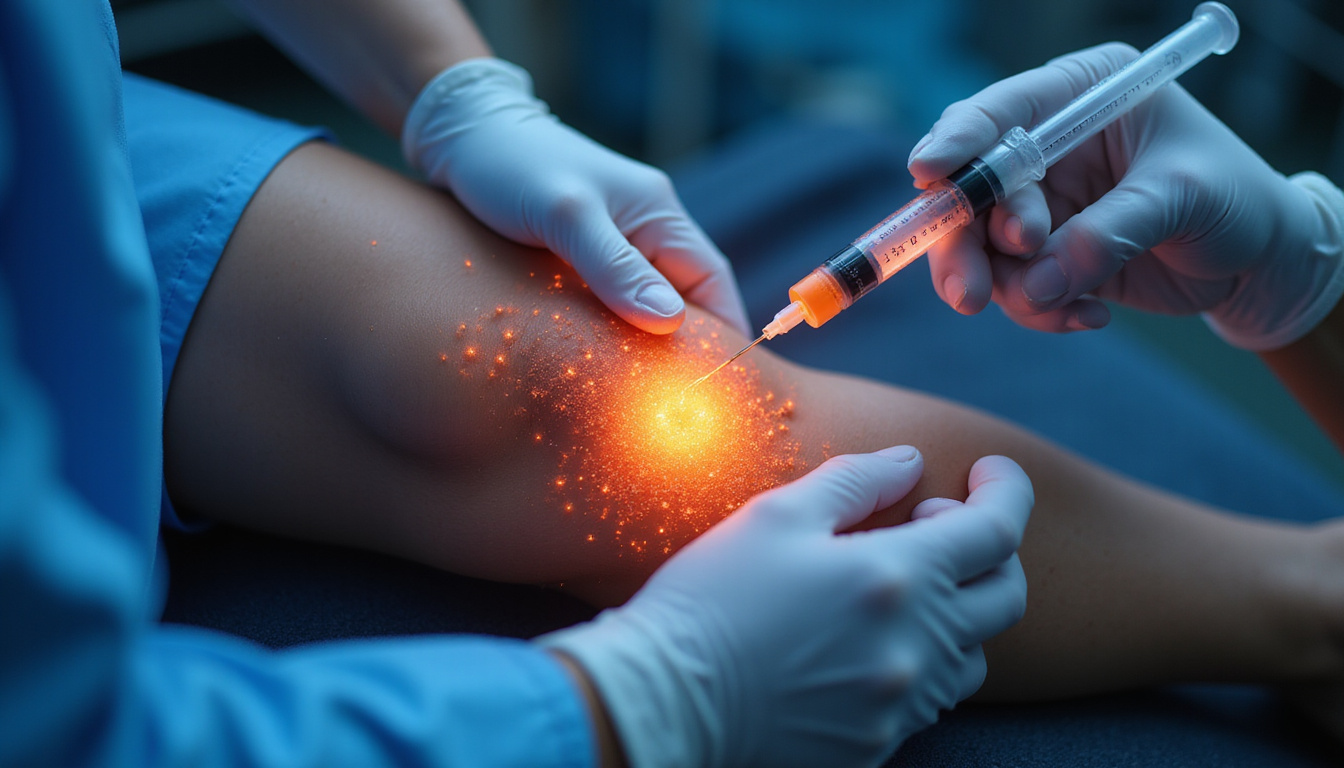  Close-up clinician injecting hyaluronic acid into athlete knee, anatomical lubrication overlay, victorious scoreboard