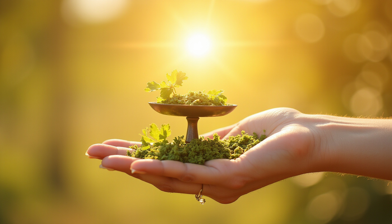  Hand holding adaptogenic herbs, sunlight halo, delicate balance scale representing hormonal control