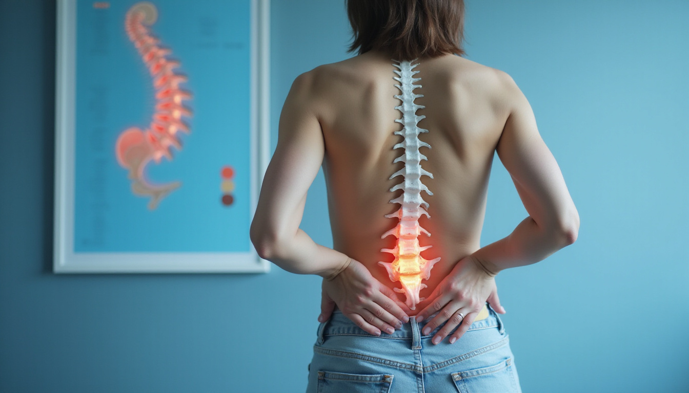  Close-up hands adjusting lower back, anatomical spine chart, modern Singapore clinic, calm blue tones