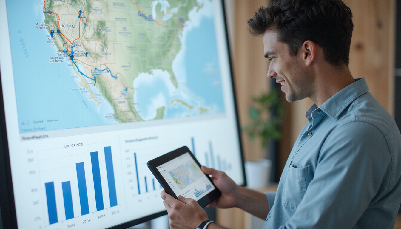 Strategic map overlay, routes highlighted, smiling marketer analyzing rising engagement charts on tablet